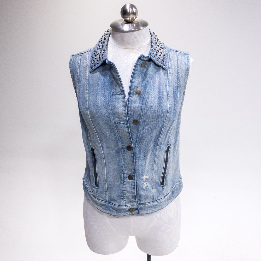 Guess M Sleeveless Jean Jacket Vest Layer Studded Collar Pattern Back Crop Top - Picture 4 of 16
